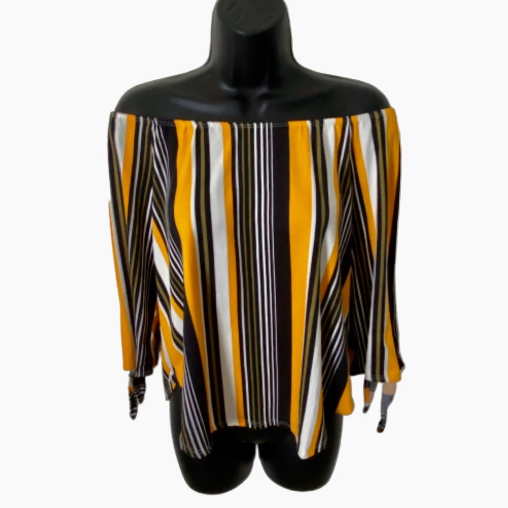 Discreet Off-Shoulder Striped Crop Top Blouse Yellow, Black, White Size Small
